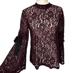 Eggplant Purple Sheer Lace High Neck Whimsigoth Loft Small Top Bell Sleeves Dark